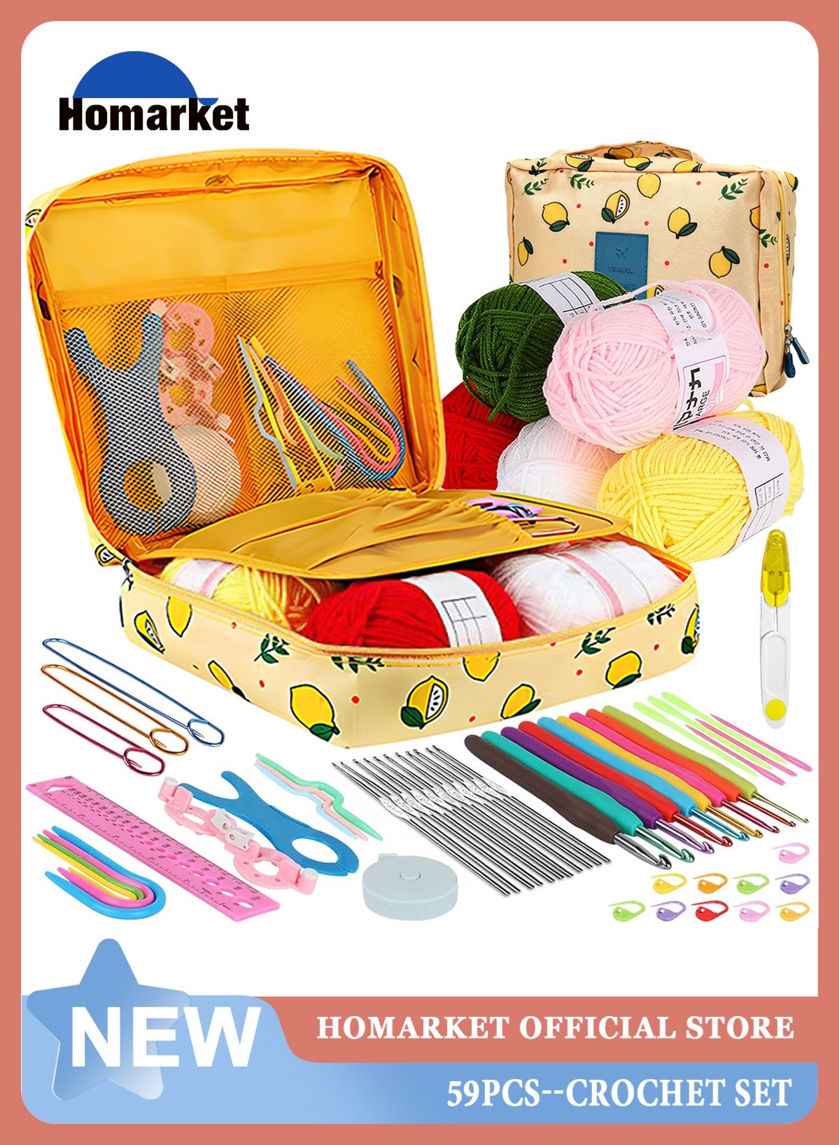 Crochet Kit Beginners Crochet Hook Set with Crochet Yarn,59PCS Portable Crochet Set Ergonomic Crochet Hooks Travel Knitting Crochet Supplies
